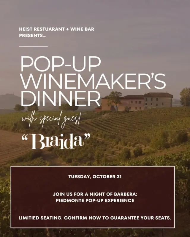 🍷 JOIN US FOR A NIGHT OF BARBERA 🍇
Experience the heart of Piedmonte at our exclusive Pop-Up Winemaker’s Dinner on Tuesday, October 21.

Enjoy a five-course exclusive menu artfully paired with wines from Braida Winery, the legendary makers of Barbera. Guided by special guest Norbert Reinisch, this evening promises an unforgettable journey through one of Italy’s most celebrated regions.

✨ Reception at 6:00 PM
✨ Dinner at 6:45 PM
✨ $265 prix-fixe (Includes 5-course menu, wines, taxes + gratuity)

Seating is limited... reserve now to secure your place at this exceptional table.
👉https://ow.ly/3XfK50X9V98

👀Want a peak at the menu? 
https://ow.ly/RA3o50X9V9b